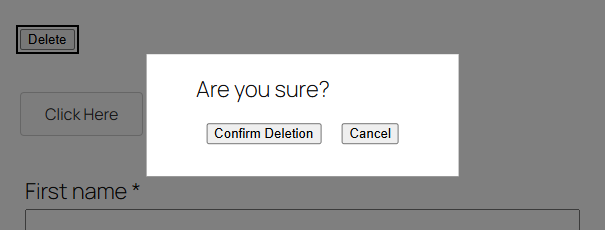 Profile Delete Form confirmation popup with confirm and cancel buttons