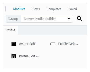 Beaver Builder content panel showing the Beaver Profile Builder module group with three modules